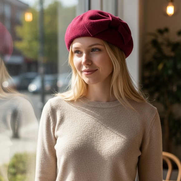 Accessories - Vintage Elegant French girl cloche beret burgundy structured Wool bow Beret